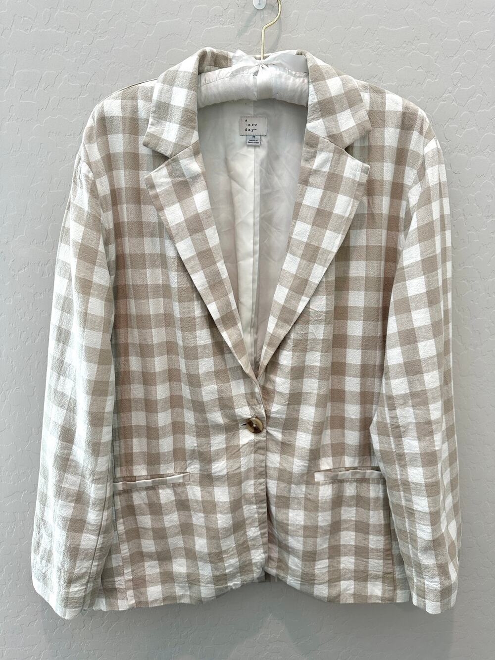 A NEW DAY | Beige Gingham Check Neutral Linen Blend Blazer Jacket Medium